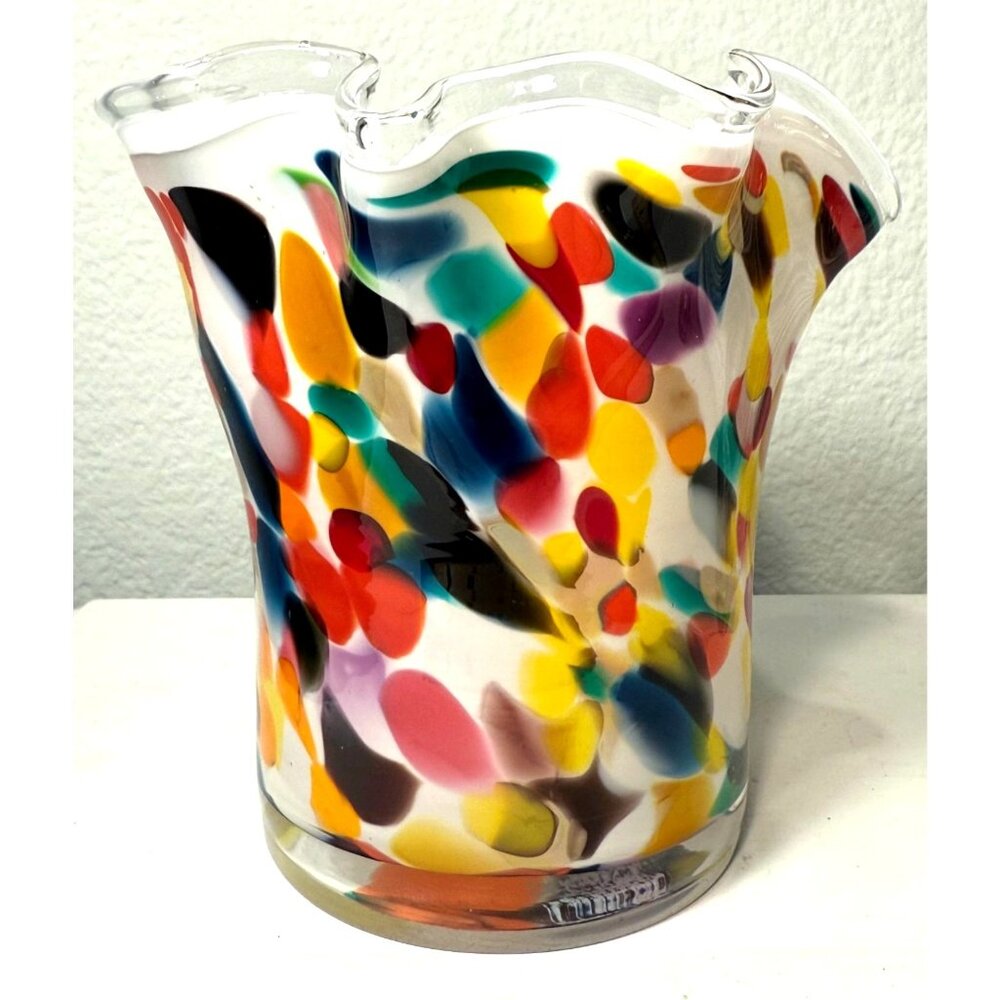 Vintage Multicolor White Swirl Ribbon Ruffle Edged Art Deco Glass Vase